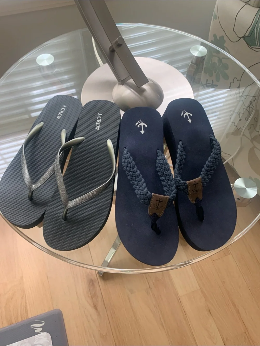 J. Crew Flip Flops (2 Pairs) Metallic Gray and Navy Blue.  Never Worn,